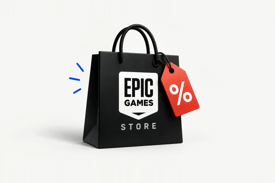 Black Epic Games Store shopping bag with a percent tag