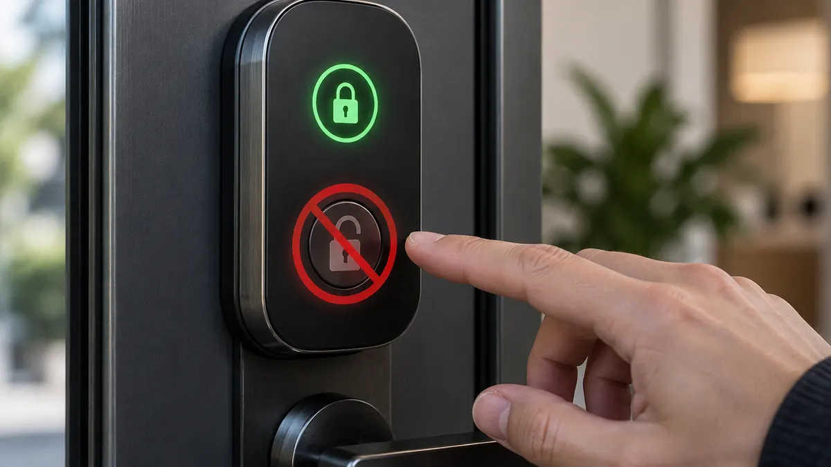 A smart lock panel: green locked indicator lit, a red prohibition sign over the unlock button; a hand reaching for it