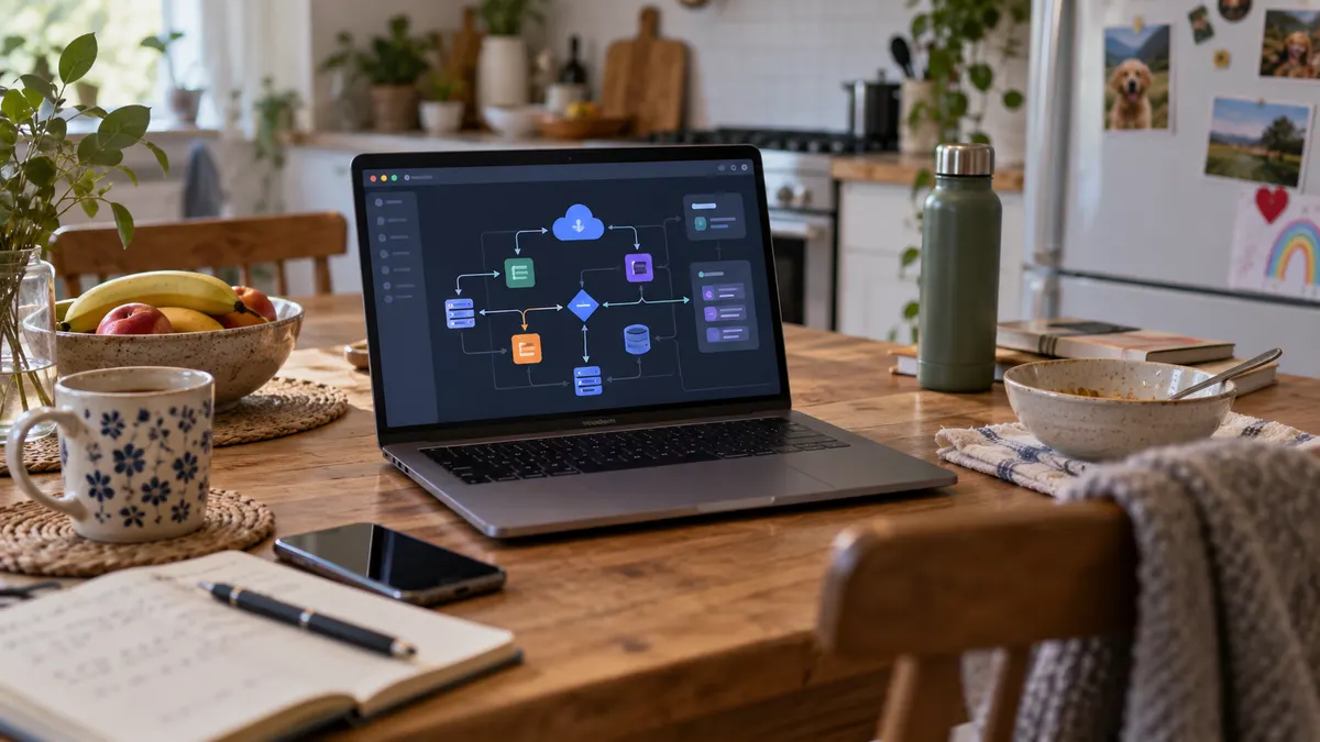 A laptop on a kitchen table showing a complex cloud configuration flowchart