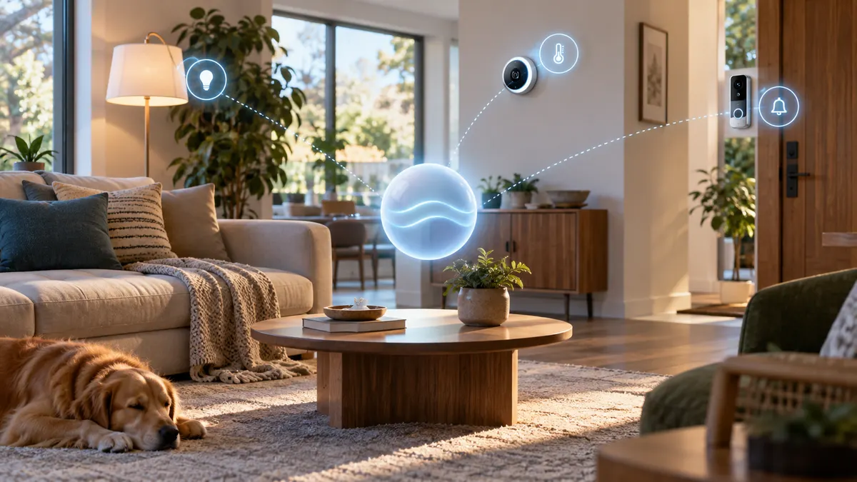 A glowing assistant orb in a living room, linked by dotted lines to a lamp, a thermostat and a doorbell