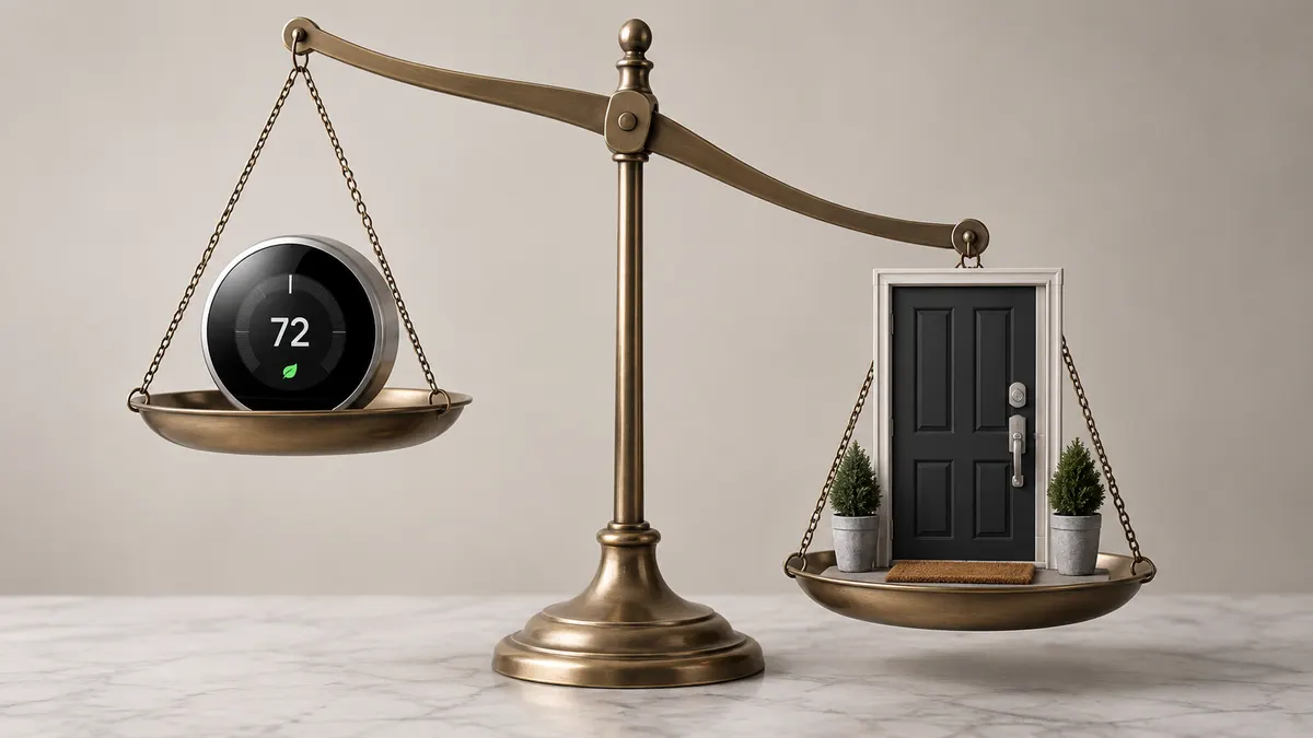 A balance scale with a thermostat on one pan and a front door on the other; the door side weighs far more