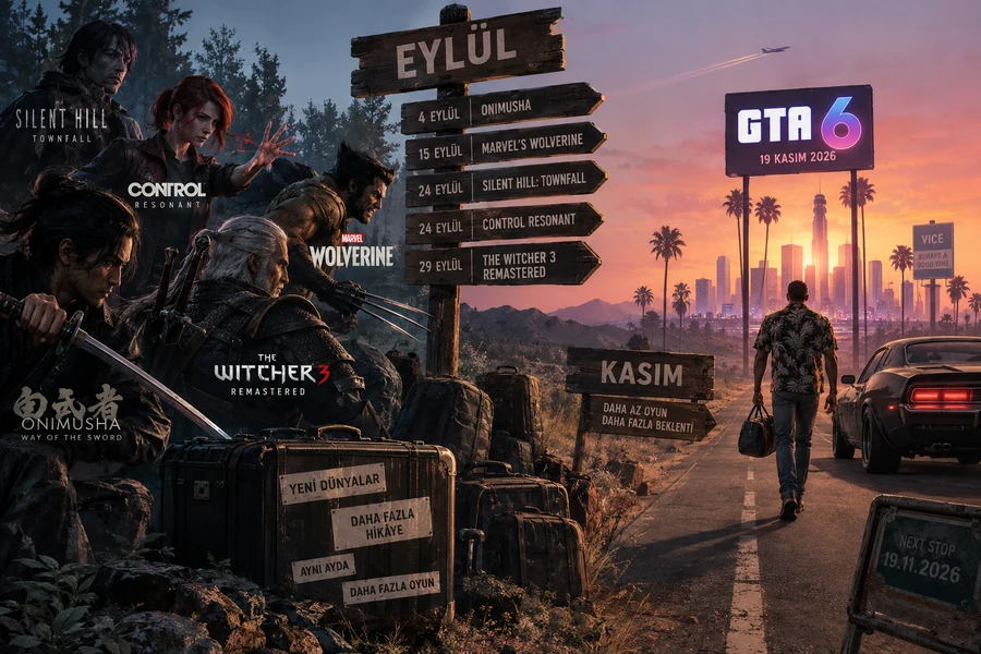 A signpost listing September games, a neon 6 in the distance toward November; a man with a suitcase on the road (illustration)