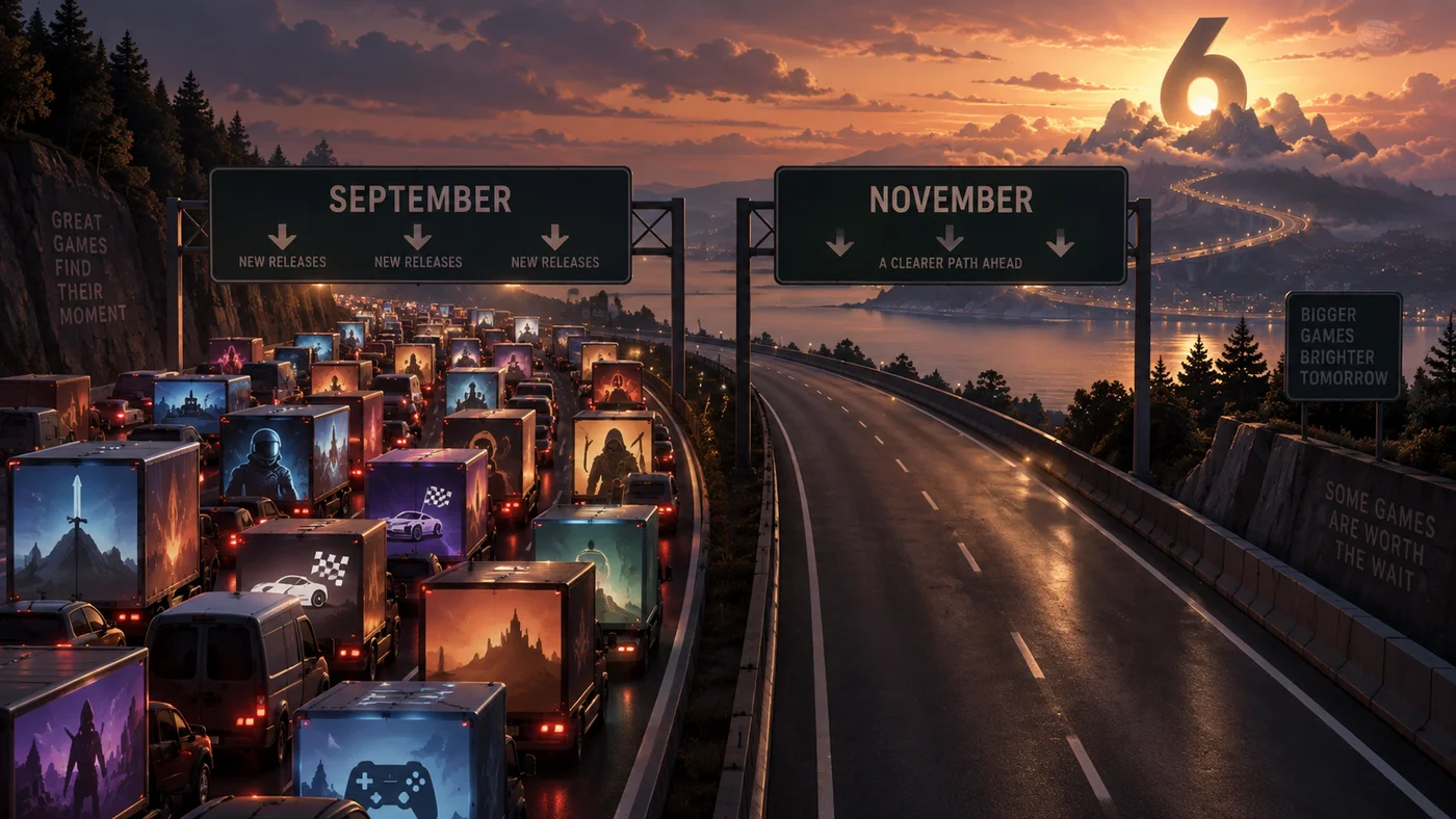 Trucks carrying game covers jammed at the September exit of a highway; the November lane empty, a large 6 on the horizon (illustration)