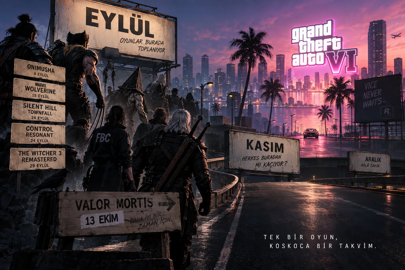 A September signpost crowded with game names; a separate sign in front reads "Valor Mortis, 13 Ekim" (October 13); characters waiting by the sign (illustration)