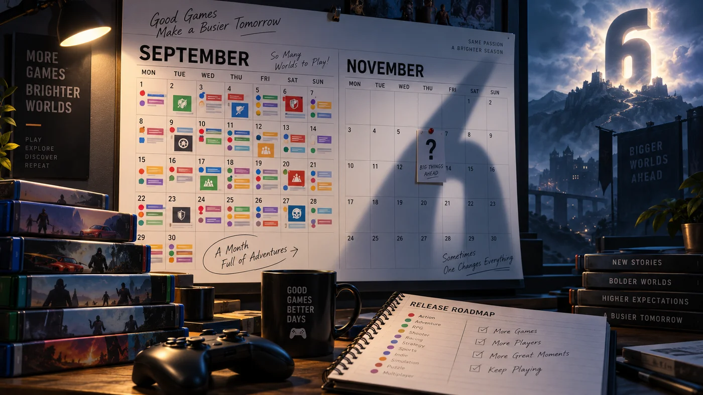 Wall calendar: the September page packed with game covers, a single question mark on November, the shadow of a large 6 behind (illustration)