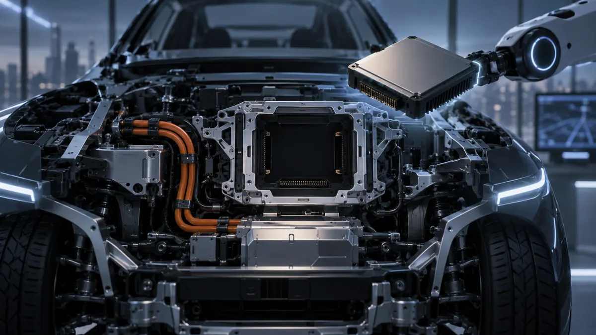 Kaputu açık elektrikli aracın ortasında boş bir işlemci yuvası; robot kol etiketsiz bir modülü üzerinde tutuyor