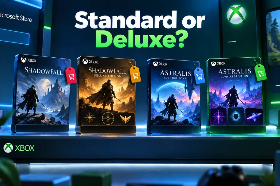 Standard or Deluxe? Four game boxes with discount tags on a store shelf