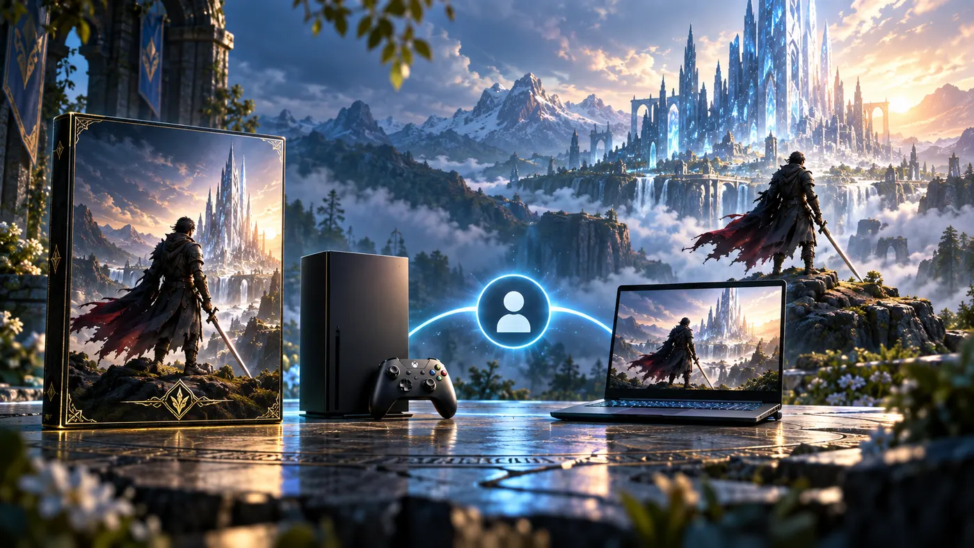 A game box, an Xbox console and a laptop linked by a single account icon