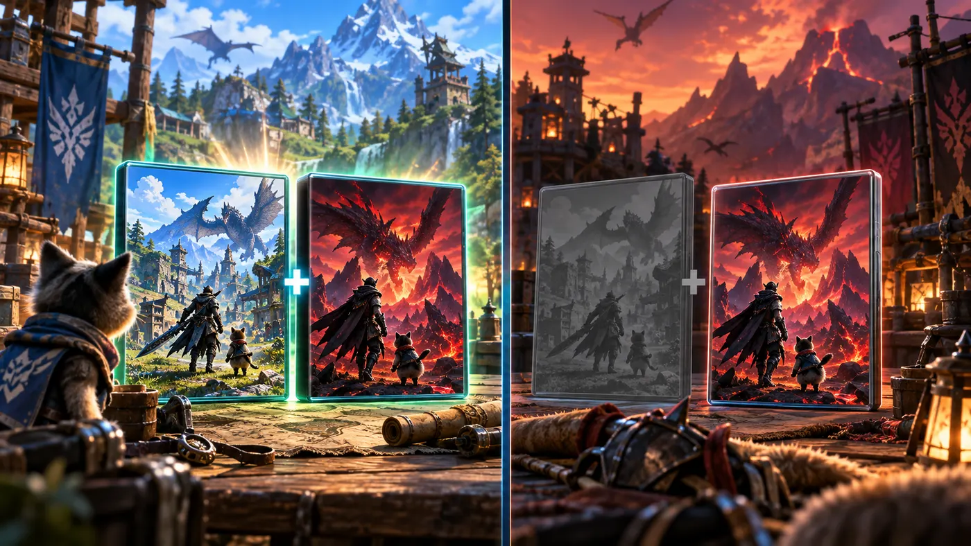 The base game plus Sunbreak bundle on the left; a lone, faded Sunbreak box on the right
