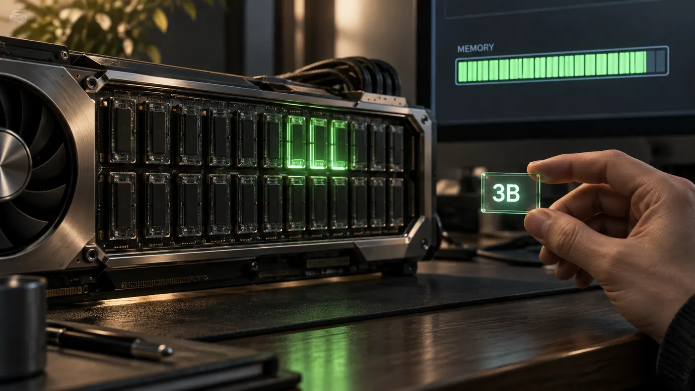 Bellek göstergesi dolu bir GPU'nun önünde elde tutulan küçük bir "3B" etiketi