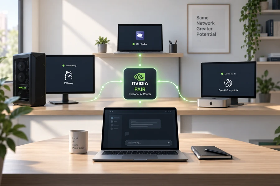 Aynı ağdaki bilgisayarlar ortadaki NVIDIA PAIR kutusuna bağlı; ekranlarda Ollama, LM Studio ve OpenAI uyumlu uç noktalar (illüstrasyon)