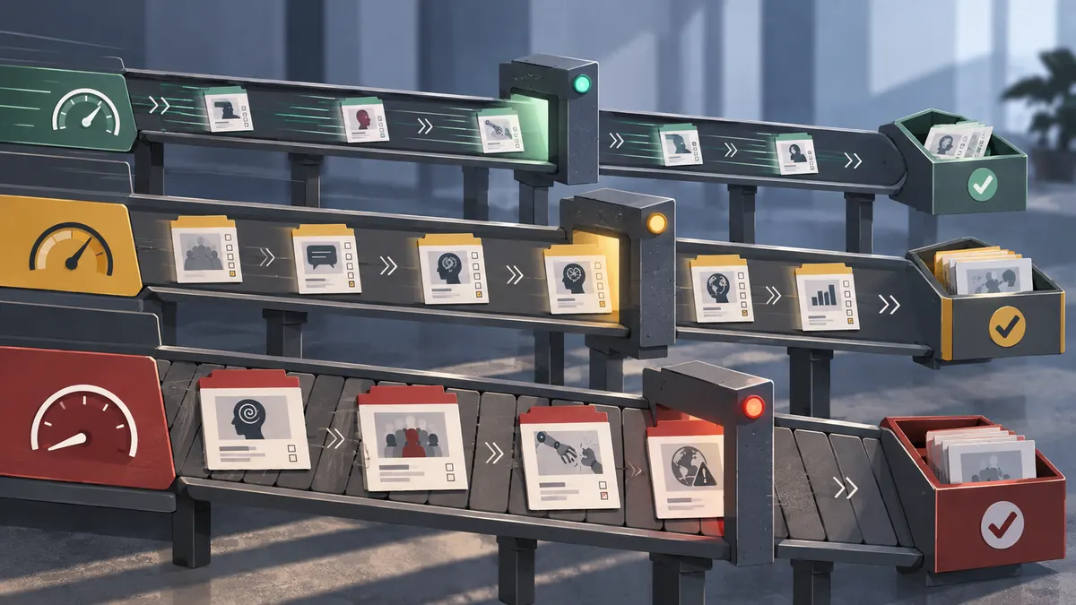 Three conveyor belts at different speeds: a green fast lane, a yellow middle lane and a red slow lane, each carrying flagged incident cards