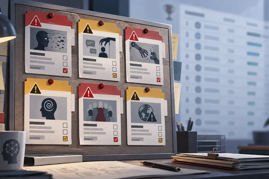 Six flagged incident cards pinned to a board, with a faded leaderboard table in the background