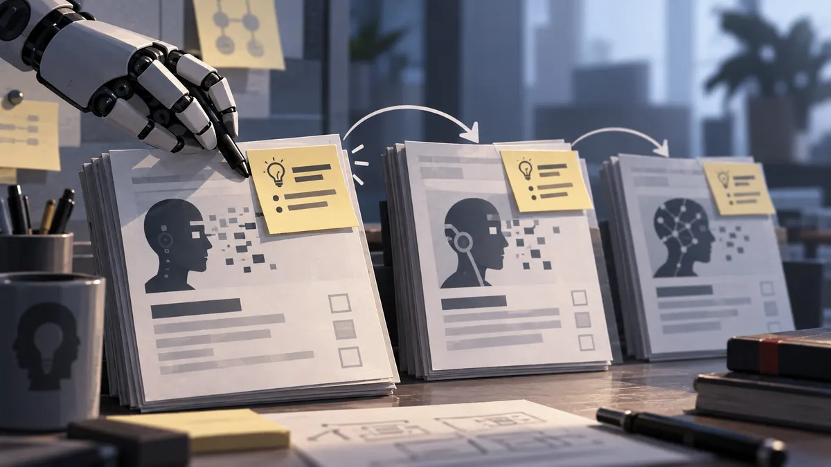 A robotic hand writes a yellow sticky note that the next stack of files will read; arrows pass it along three stacks
