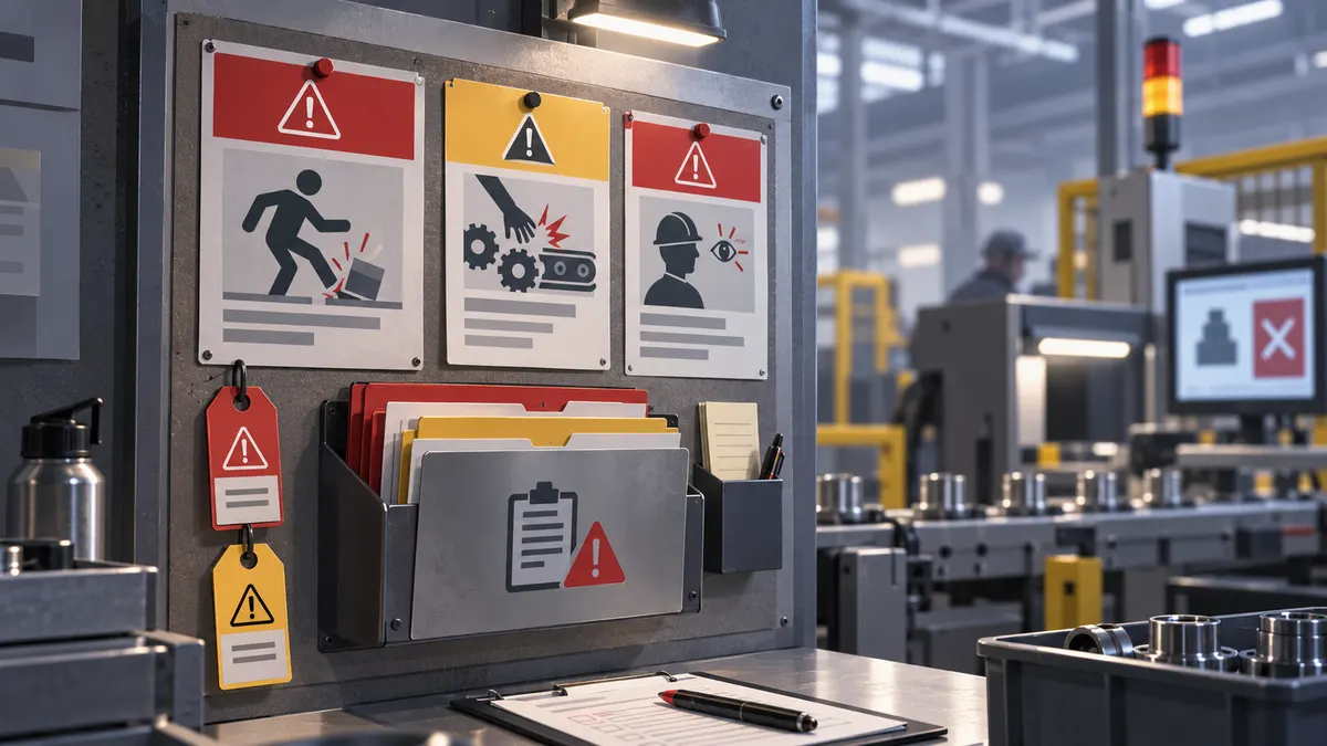 A factory notice board with flagged incident cards and nonconformity report folders; a production line in the background