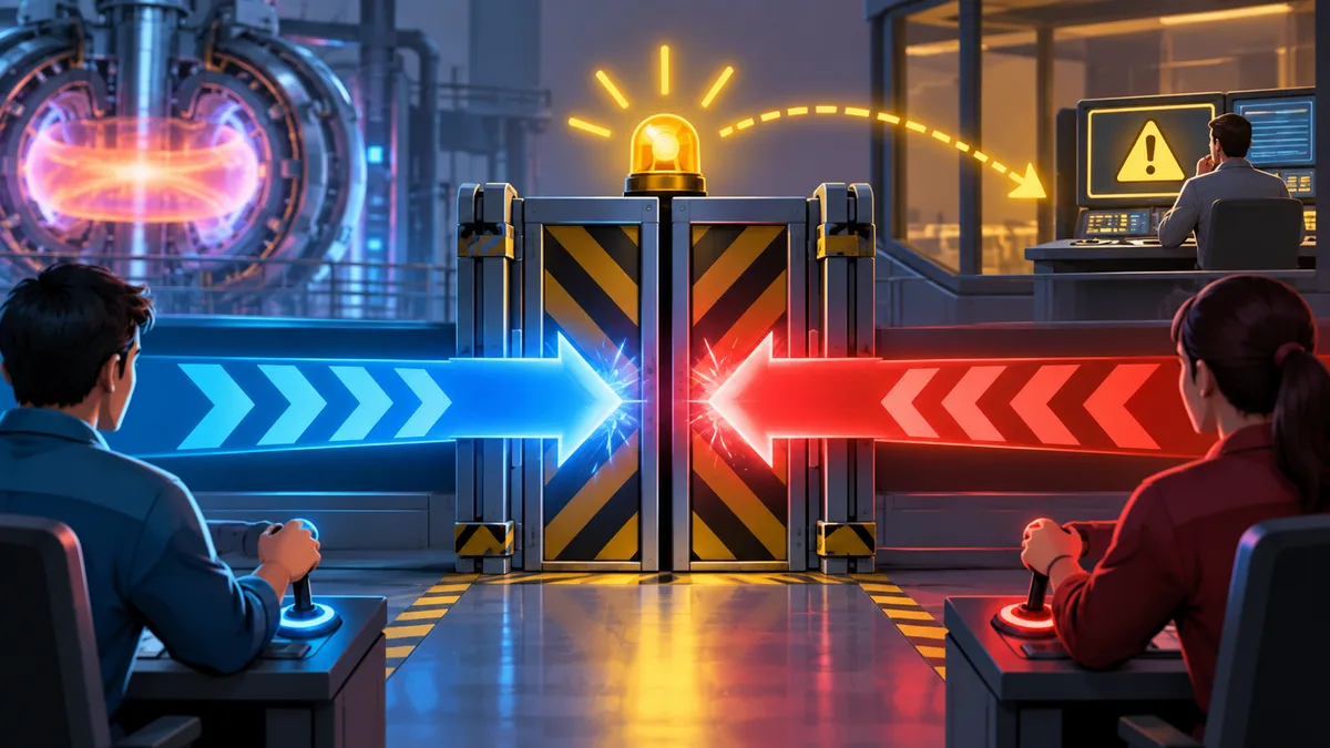 Conflicting commands from two controllers stop at a closed gate; a warning light beside it leads to the operator