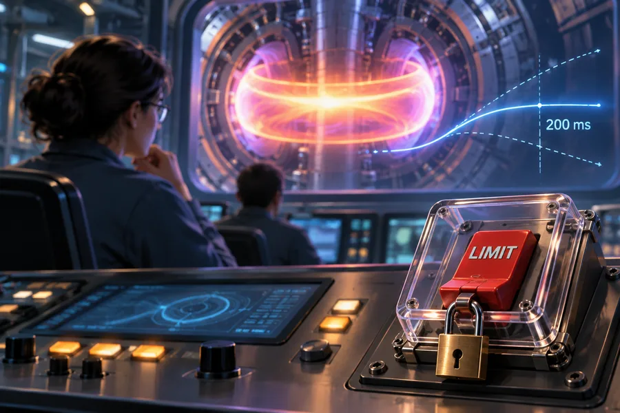 Tokamak control room: a plasma ring and a forecast curve on the screen, a locked red limit switch on the console