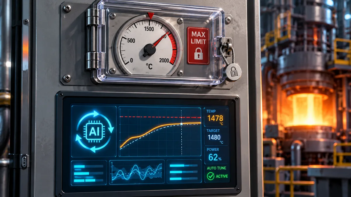 Furnace control panel: a digital optimisation screen adjusts settings while the mechanical thermostat limit above sits under a sealed cover