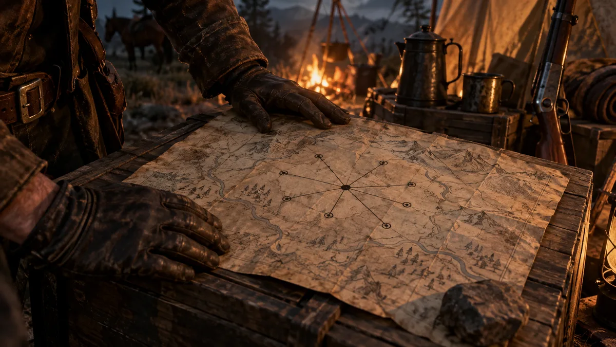 Gloved hands at a campfire spreading an old map on a crate; ink lines join nine points into the shape of a spider
