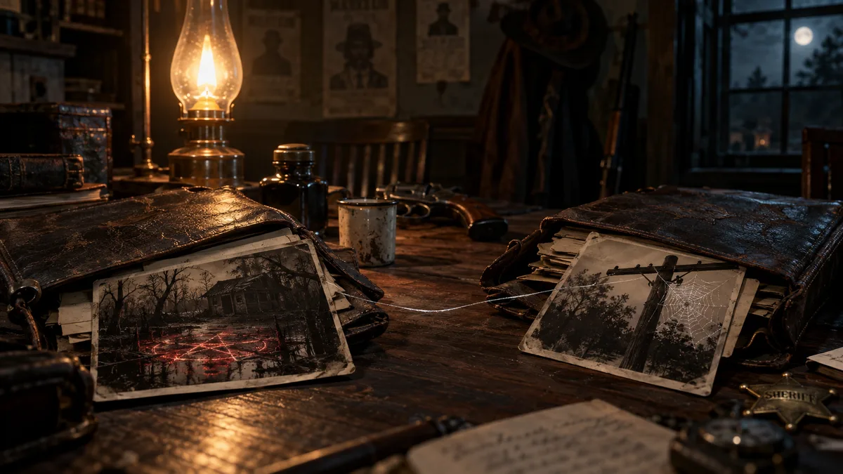 Two leather case files in a lamp-lit sheriff's office: one spills a photo of a red pentagram in a swamp, the other a photo of a web on a telegraph pole; a single silver thread of spider silk links them across the desk
