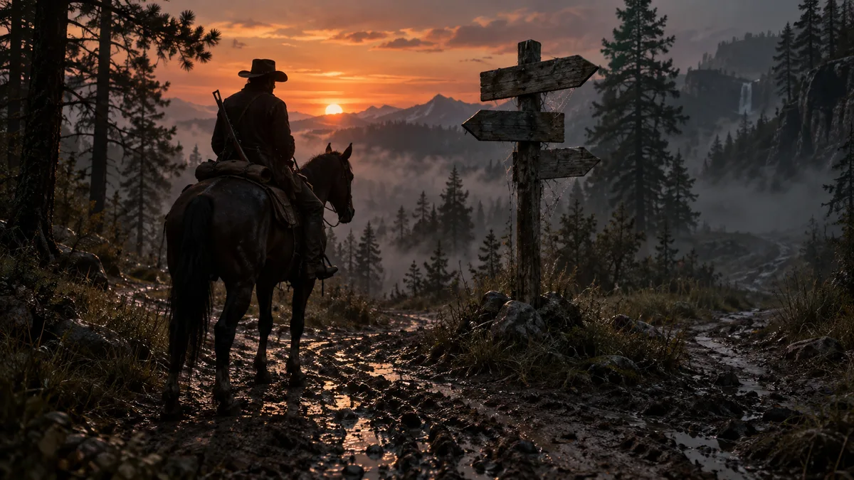 A rider on a muddy trail at sunset before an old signpost with three blank arrow boards pointing into fog in three directions