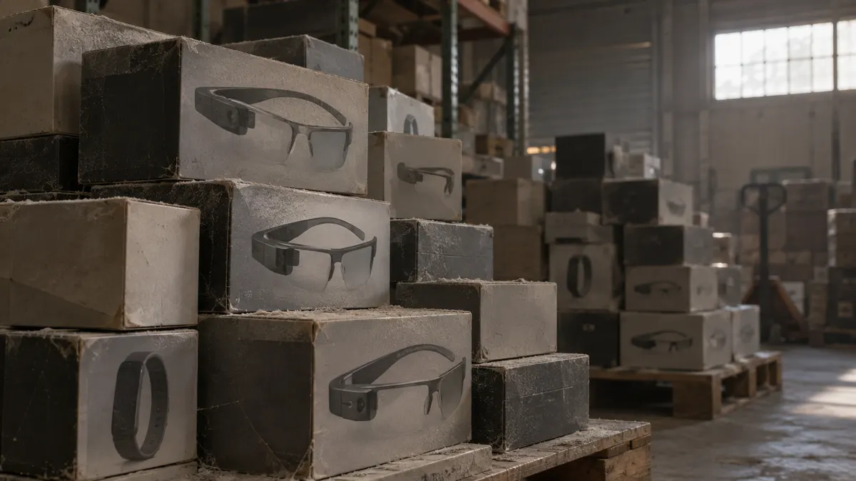Dusty boxes of smart glasses stacked on pallets in a warehouse