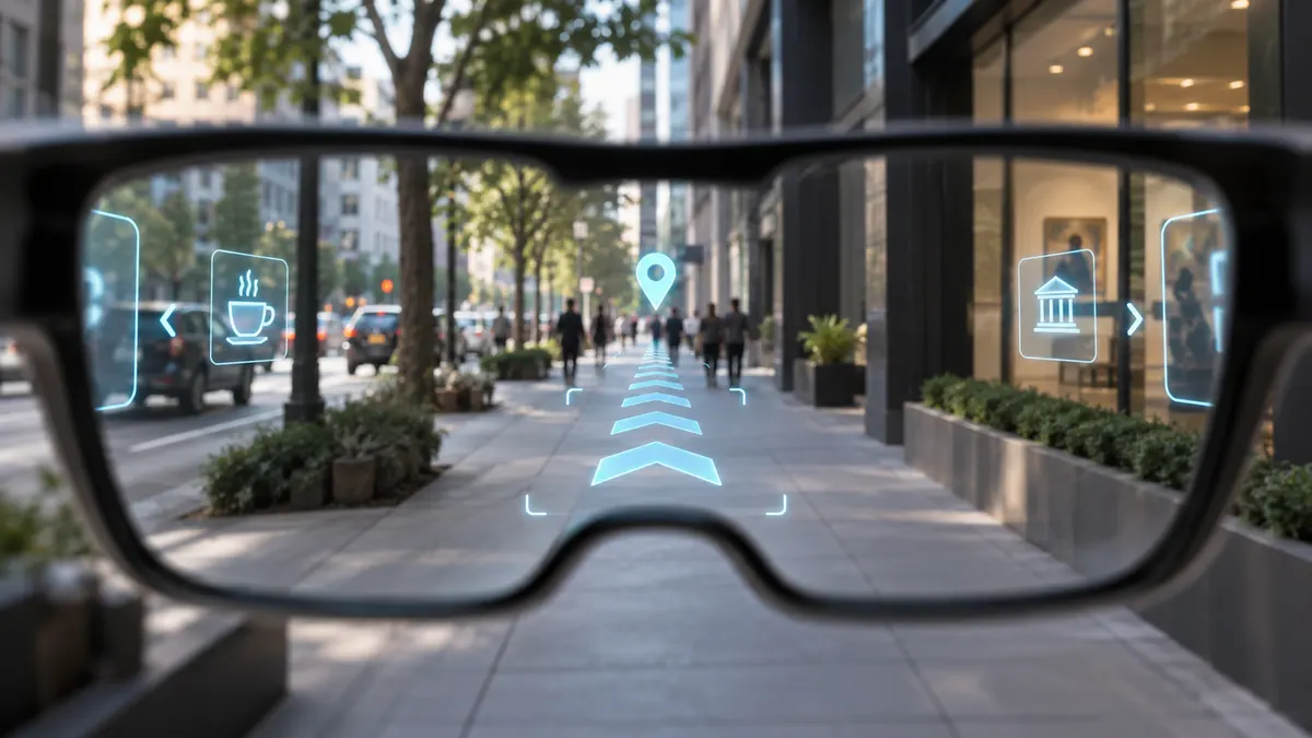 Looking through glasses at a city street: arrows and icons in the center are sharp, side panels are cut off by the frame