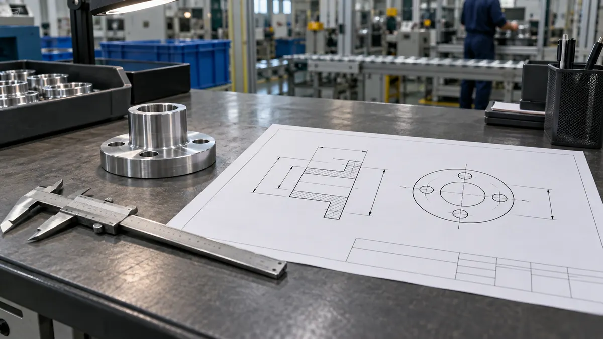 An incoming-inspection bench: calipers, a flange part and a technical drawing with the dimension values left blank