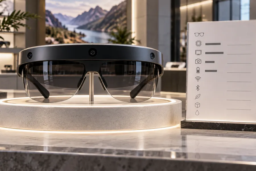 A bulky pair of AR glasses on a display pedestal; half the lines on the spec card next to it are empty
