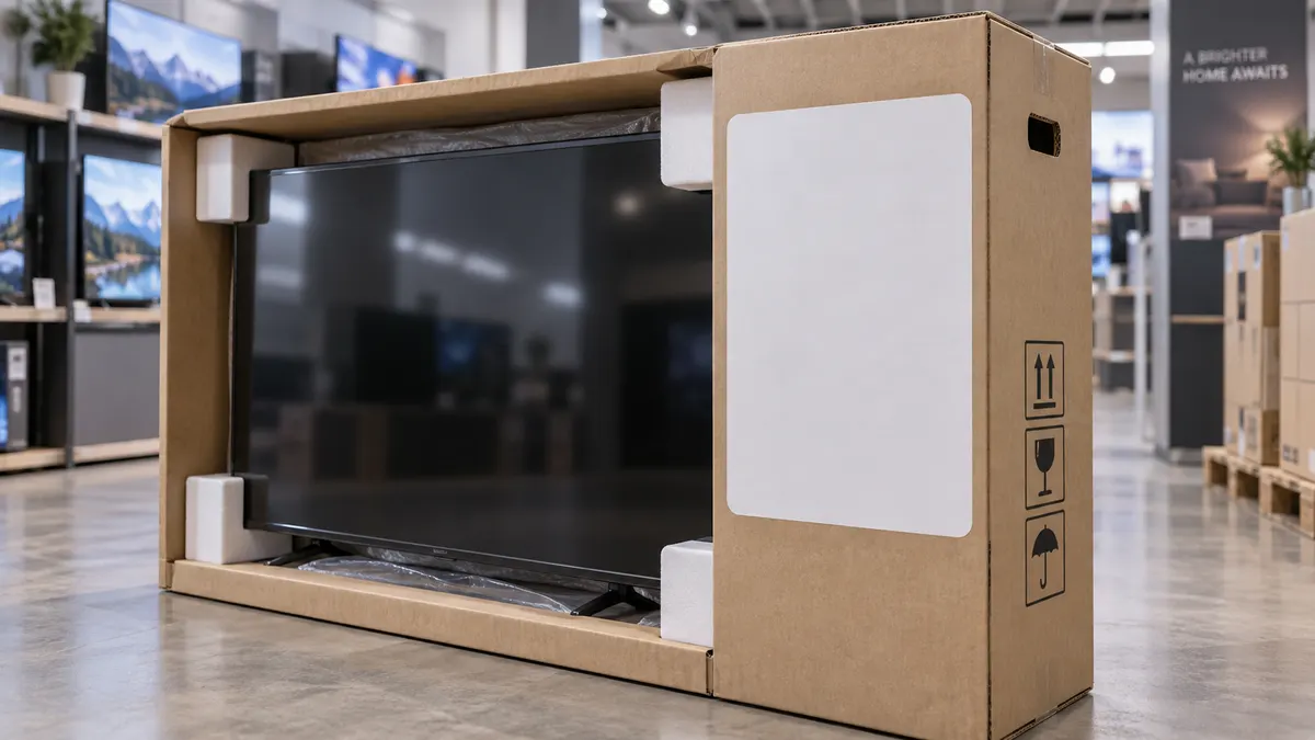 A television unboxed in a store; the label on the box is completely blank