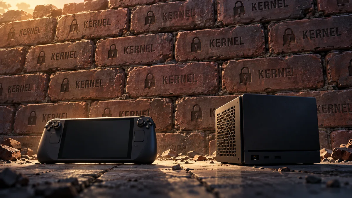 A Steam Deck and a desktop Steam Machine in front of the same brick wall; bricks labelled 'kernel'
