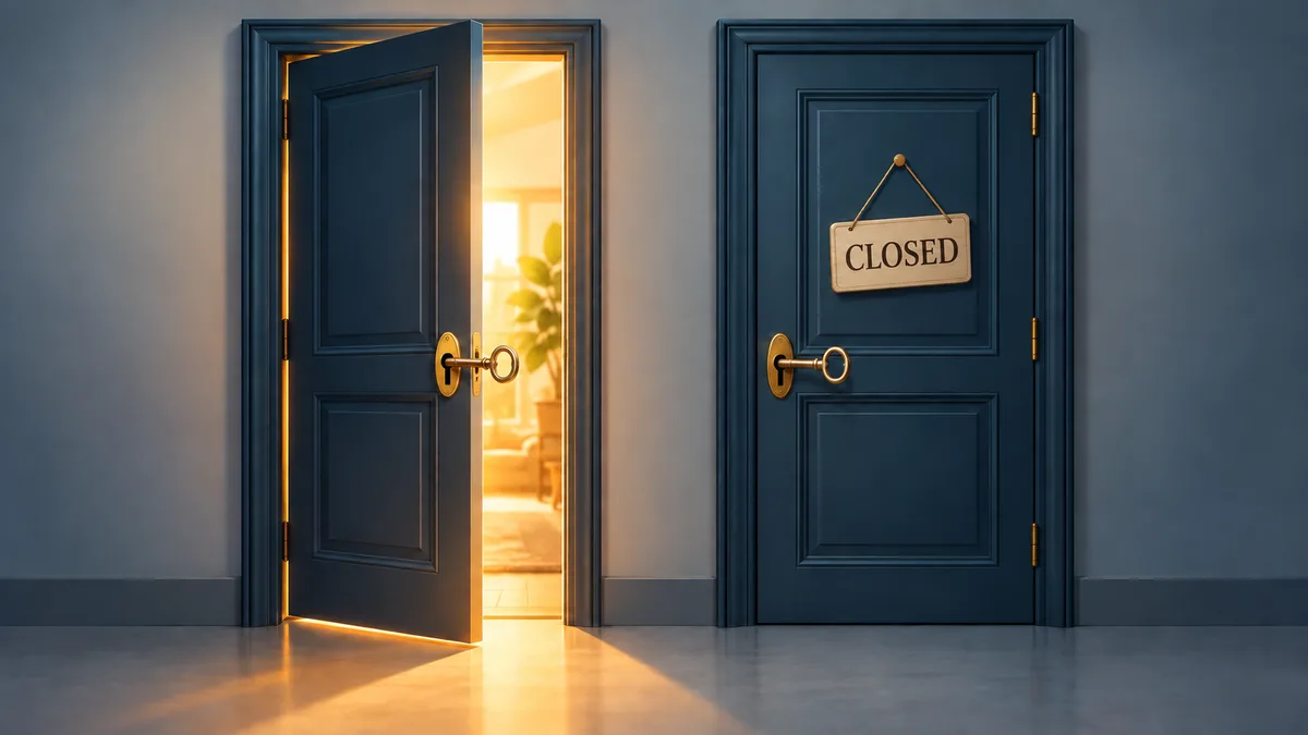 Two doors side by side: one open with light inside, the other intact but with a 'closed' sign; both take the same key