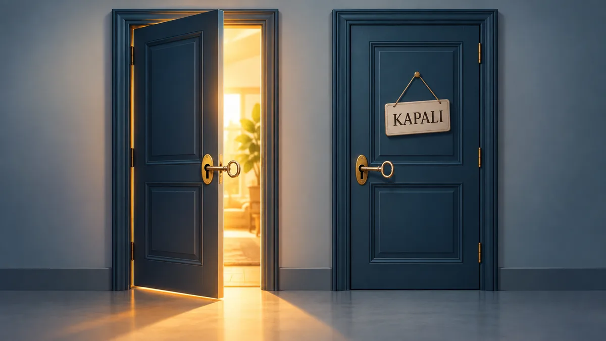 Yan yana iki kapı: biri açık ve içeriden ışık geliyor, diğeri sağlam ama üzerine 'kapalı' tabelası asılmış; ikisi de aynı anahtarla