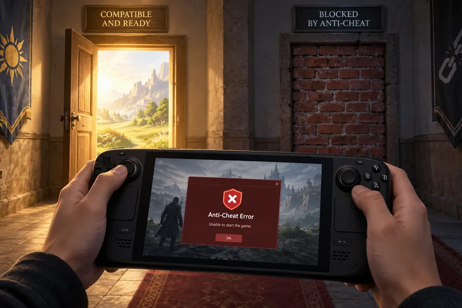 Anti-cheat error dialog on a Steam Deck screen; behind it two doors, one open and one bricked up
