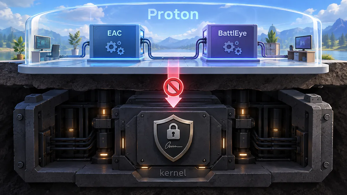 Two-layer cross-section: a locked kernel layer with a signed-driver badge at the bottom, EAC/BattlEye boxes running in the Proton layer above