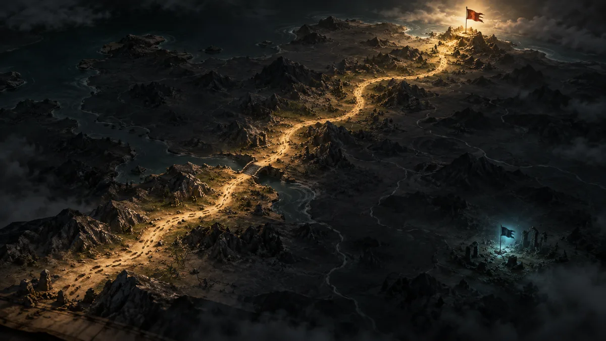 A single bright, well-worn path on a dark map; beyond it a wide unexplored blank area with a small flag in the corner