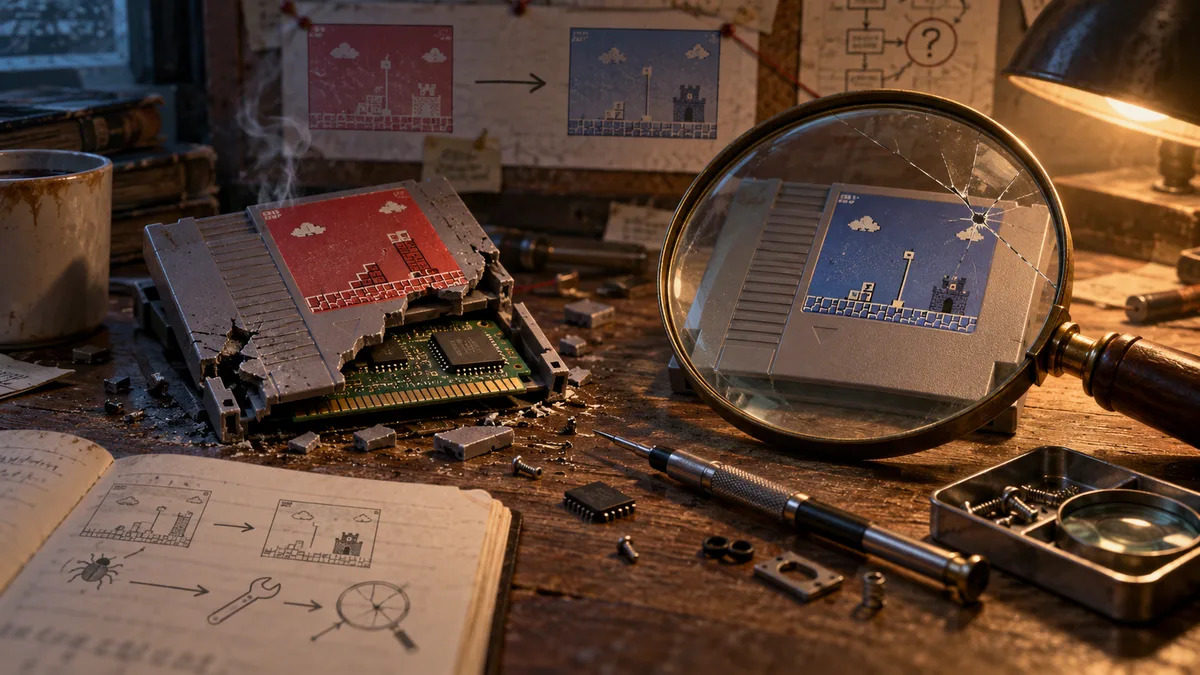 Two cartridges on a workbench: Lost Levels cracked and smoking, a magnifying glass held over Super Mario Bros. next to it; a hairline crack in the lens is being repaired