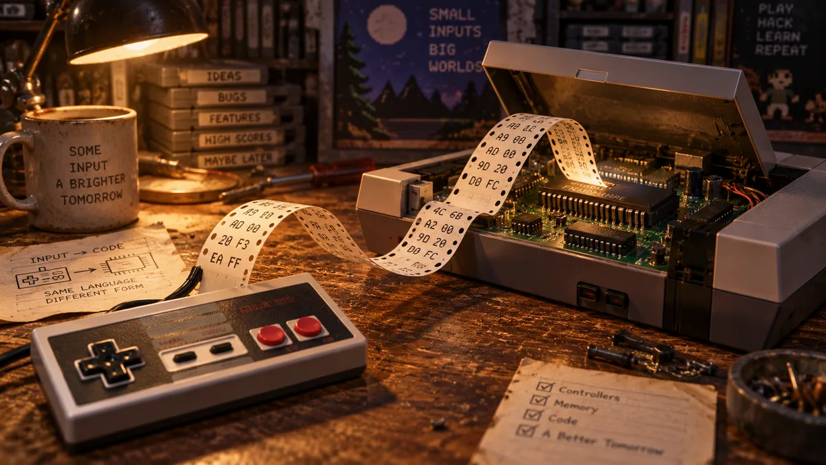 A cable from an NES controller flows into the console's memory chip like a punched tape printed with hex bytes