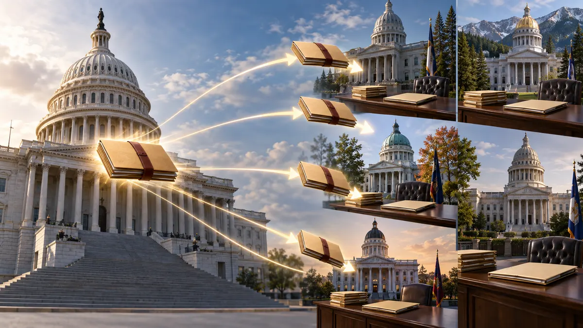 Files flying from the Capitol to state legislatures; unopened folders sit on each state's desk