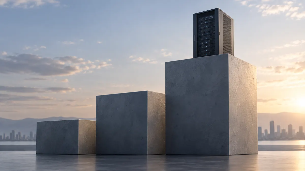 Three concrete blocks rising like steps; a server rack sits on top of the tallest