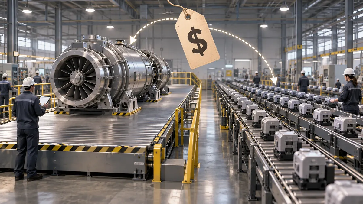 A factory line built for one large part next to a mass-production line; arrows show where the price tag might attach