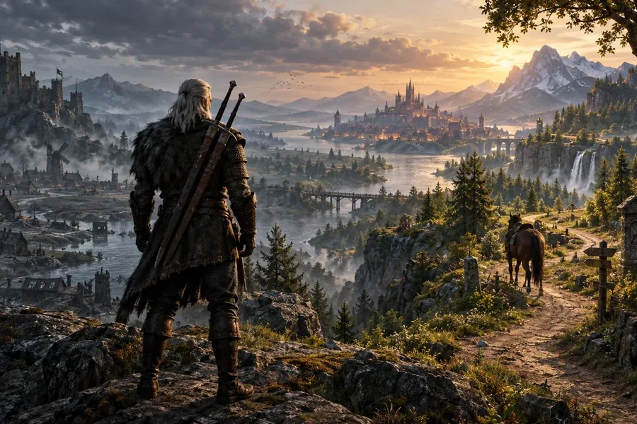 A witcher with two swords on his back looking from a hilltop toward a castle in the valley; misty mountains at sunset (illustration)
