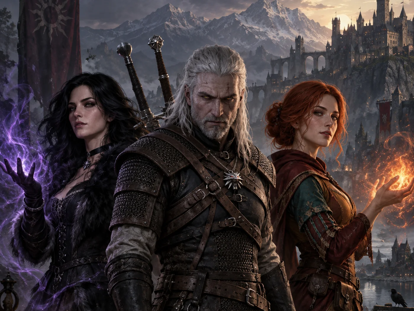 Üç karakter bir kale önünde: ortada beyaz saçlı witcher, iki yanında büyücüler; önde eski bir harita ve fener (illüstrasyon)